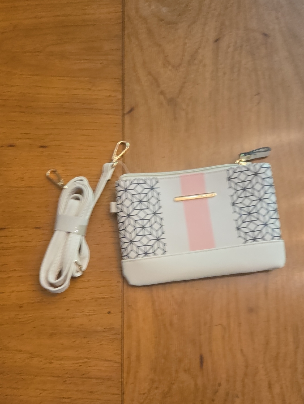 White & Pink Stripe Pattern Crossbody Wristlet